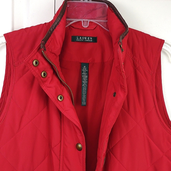 Lauren Ralph Lauren Red Quilted Full Zip Faux Leather Trim Patch Pocket Vest - Picture 11 of 13